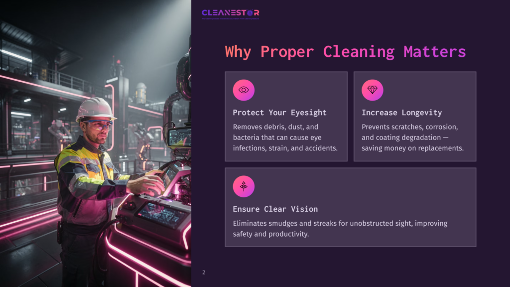 A Male Industrial Worker In A Hard Hat And Safety Vest Inspects A Complex, Glowing Pink Control Panel Inside A Dimly Lit Factory. The Text &Quot;Cleanestor&Quot; Appears At The Top.