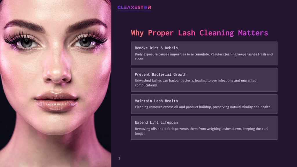 An Adult Woman'S Face In Close-Up, With Emphasis On Her Eyes And Lashes. A Digital Graphic Overlay Reads &Quot;Why Proper Lash Cleaning Matters.&Quot; Text Boxes List Benefits Such As &Quot;Remove Dirt &Amp; Debris&Quot; And &Quot;Prevent Bacterial Growth.