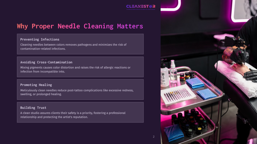 A Tattoo Artist In Black Gloves Works On A Client'S Arm, Surrounded By Tattoo Equipment And Colorful Ink Bottles On A Metal Cart Under Neon Pink Lights. Text Overlays Discuss &Quot;Why Proper Needle Cleaning Matters.