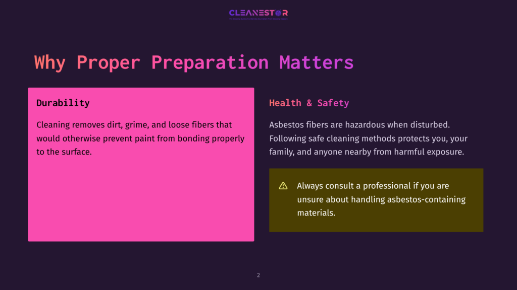 2 Why Proper Preparation Matters A Slide Titled &Quot;Why Proper Preparation Matters&Quot; With Two Columns: &Quot;Durability&Quot; On The Left In Pink, And &Quot;Health &Amp; Safety&Quot; On The Right In Dark Purple, With A Warning About Asbestos.