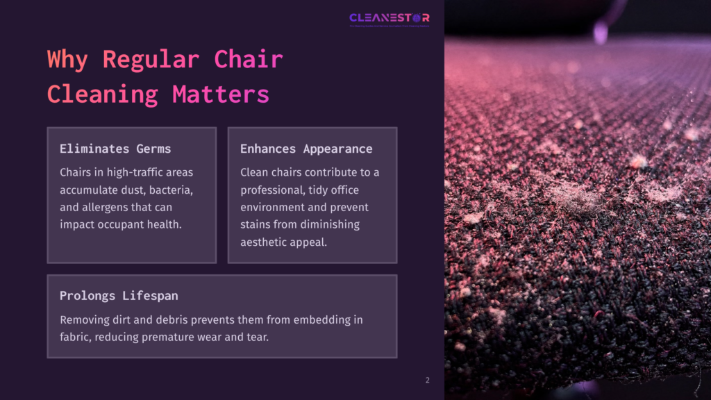 Close-Up Of Dusty, Dirty Fabric On A Chair, Showing Accumulated Dust, Debris, And Fibers. The Text Overlay Highlights &Quot;Why Regular Chair Cleaning Matters,&Quot; &Quot;Eliminates Germs,&Quot; &Quot;Enhances Appearance,&Quot; And &Quot;Prolongs Lifespan.