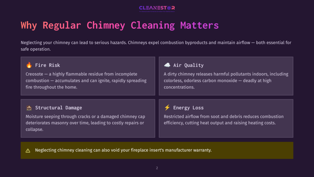 Infographic Titled &Quot;Why Regular Chimney Cleaning Matters&Quot; From Cleanestor, Detailing Fire Risk, Air Quality Issues, Structural Damage, And Energy Loss From Neglected Chimneys.