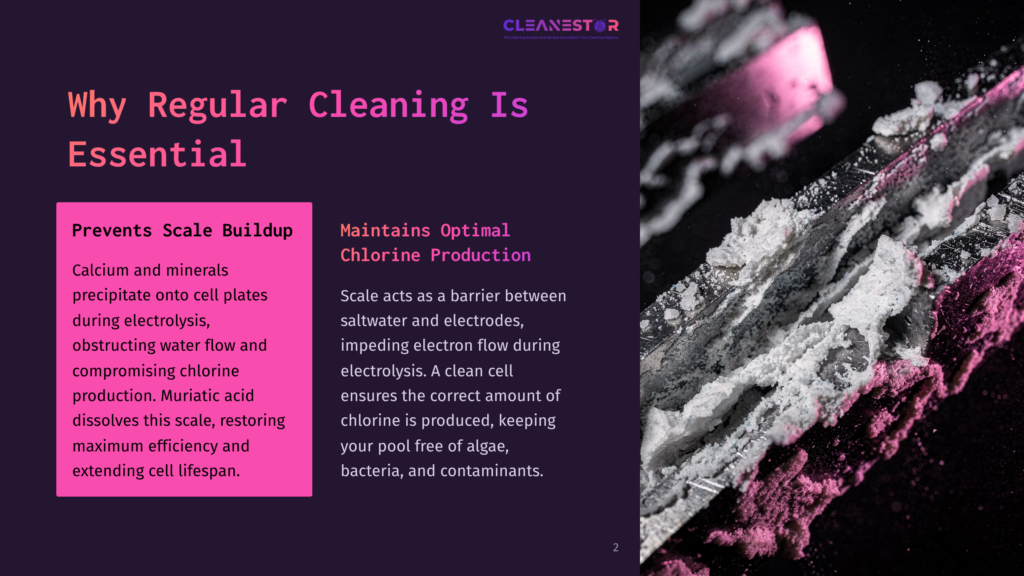 Close-Up Of A Mineral Scale Buildup On A Metal Surface, With White And Pink Crystalline Deposits Obscuring The Metal. Text Overlay: &Quot;Cleanestor - Why Regular Cleaning Is Essential&Quot;.