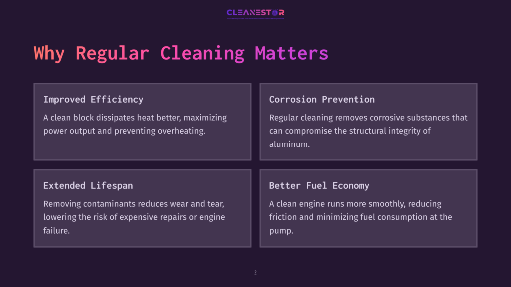 Cleanestor Logo With Title &Quot;Why Regular Cleaning Matters&Quot; And Four Key Benefits: Improved Efficiency, Corrosion Prevention, Extended Lifespan, And Better Fuel Economy.
