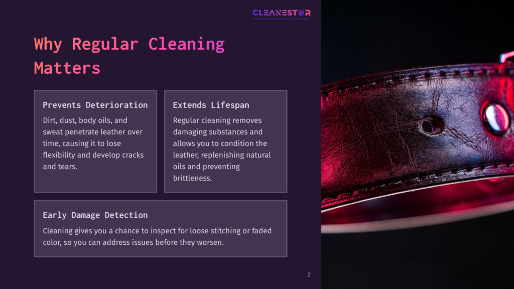 Close-Up Of A Dark Leather Collar With Metal Rivets, Illuminated By Dramatic Red And Purple Lighting. Text Overlay Reads &Quot;Cleanestar&Quot; And &Quot;Why Regular Cleaning Matters&Quot;.
