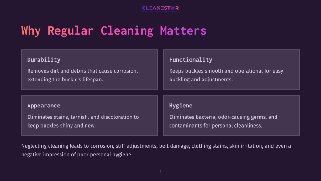 Infographic Titled &Quot;Why Regular Cleaning Matters&Quot; With Four Quadrants Detailing Benefits: Durability, Functionality, Appearance, And Hygiene. The Text Highlights How Cleaning Prevents Corrosion, Ensures Smooth Operation, Maintains A Shiny Look, And Promotes Personal Cleanliness.