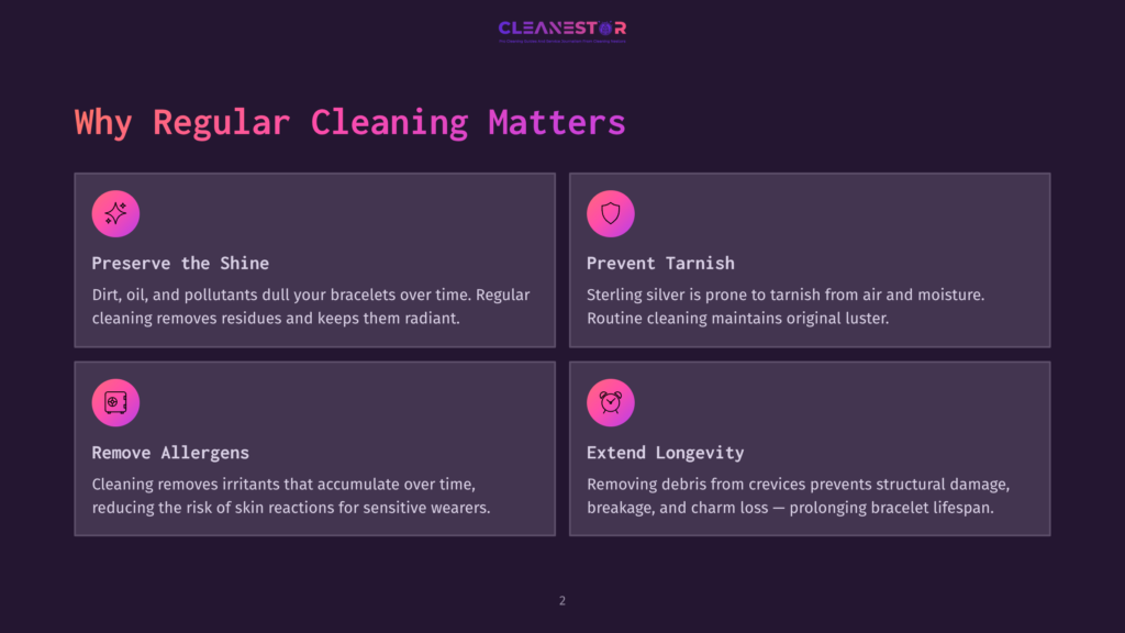 Infographic Titled &Quot;Why Regular Cleaning Matters&Quot; With Four Sections: Preserve The Shine, Prevent Tarnish, Remove Allergens, And Extend Longevity, Each With An Icon And Descriptive Text.