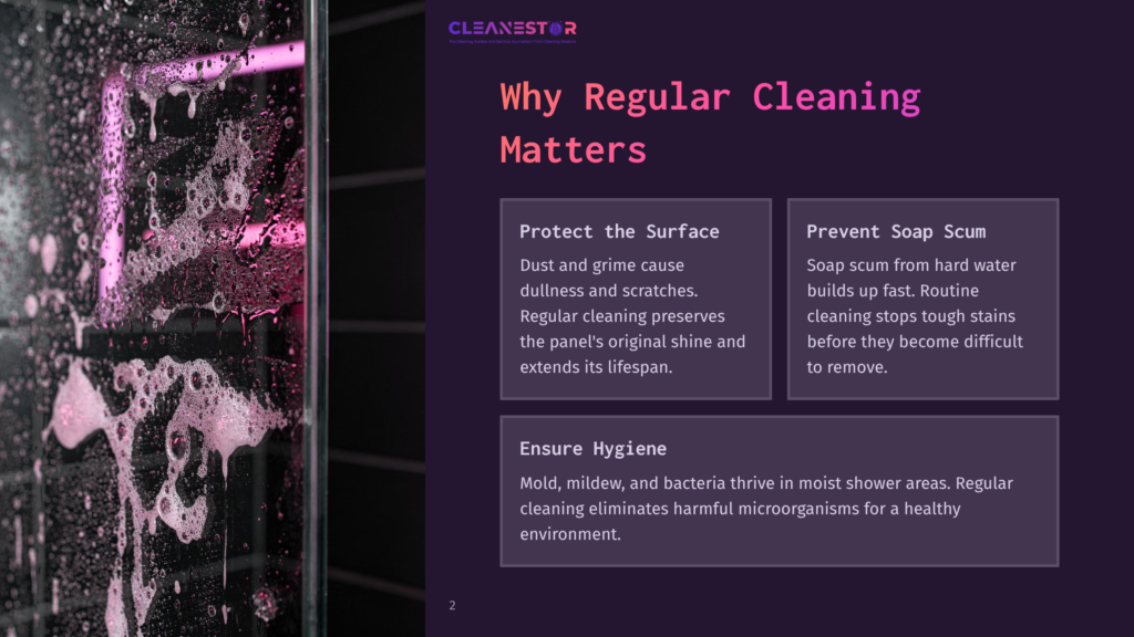 Pink Soap Suds And Water Droplets Cover A Glass Shower Door, With The Cleanestor Logo And Text &Quot;Why Regular Cleaning Matters&Quot; Visible On A Dark Purple Background.