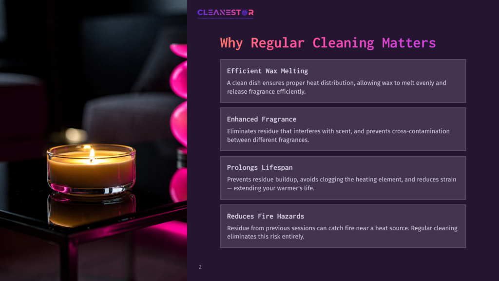 2 Why Regular Cleaning Matters 104 A Lit Candle In A Glass Jar Sits On A Reflective Dark Surface Next To Vibrant Purple Objects, With The Text &Quot;Cleanestor&Quot; And &Quot;Why Regular Cleaning Matters&Quot; Visible On The Right.