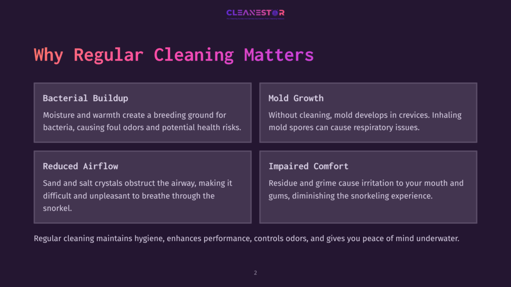 2 Why Regular Cleaning Matters 106 Infographic Titled &Quot;Why Regular Cleaning Matters&Quot; By Cleanestor, Detailing Negative Effects Of Infrequent Cleaning On Snorkel Gear, Including Bacterial Buildup, Mold Growth, Reduced Airflow, And Impaired Comfort.