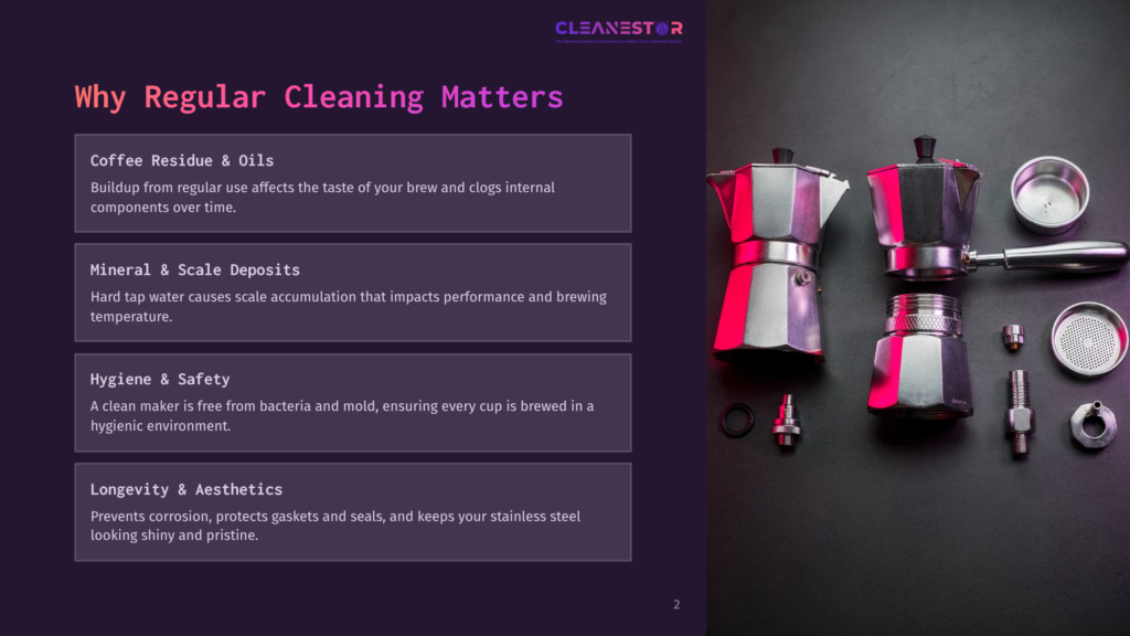 2 Why Regular Cleaning Matters 107 Close-Up Of Disassembled Parts Of A Stovetop Espresso Maker, Including The Pot, Filter Basket, And Lid, Arranged On A Dark, Textured Surface. Text Overlay Reads &Quot;Cleanestor&Quot; And &Quot;Why Regular Cleaning Matters&Quot;.