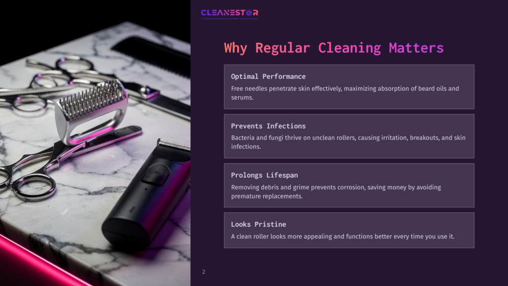 Cleanestor Logo With Text &Quot;Why Regular Cleaning Matters&Quot; And Bullet Points: &Quot;Optimal Performance&Quot;, &Quot;Prevents Infections&Quot;, &Quot;Prolongs Lifespan&Quot;, &Quot;Looks Pristine&Quot;. Background Shows Professional Barber Scissors And A Grooming Tool On A Marble Surface.