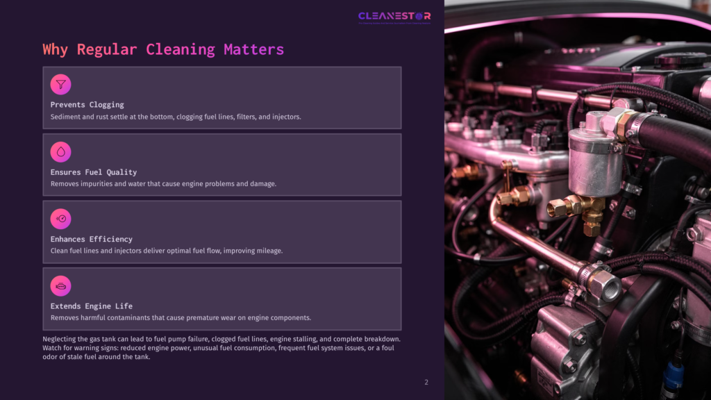 2 Why Regular Cleaning Matters 113 Close-Up Of A Clean, Well-Maintained Car Engine With Polished Metal Components And Clear Hoses. Text Overlay Reads &Quot;Cleanestor&Quot; And Details The Benefits Of Regular Engine Cleaning, Such As Preventing Clogging And Extending Engine Life.