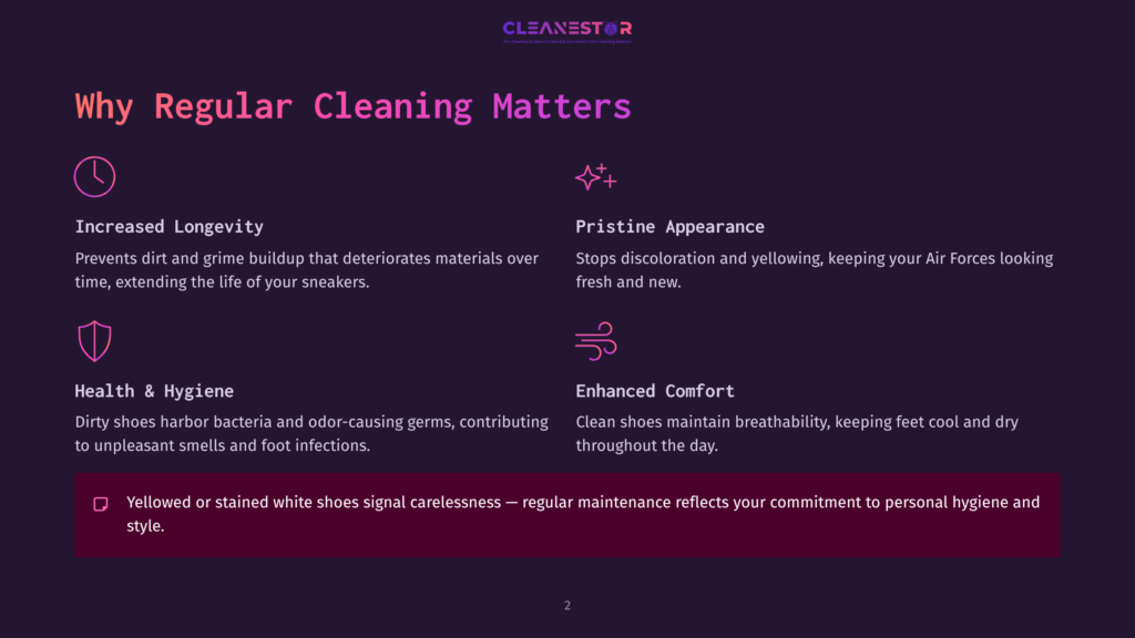 2 Why Regular Cleaning Matters 114 A Graphic With The Text &Quot;Cleanestor&Quot; And &Quot;Why Regular Cleaning Matters&Quot; Lists Benefits Of Cleaning Shoes: Increased Longevity, Pristine Appearance, Health &Amp; Hygiene, And Enhanced Comfort. It Also States Yellowed Or Stained White Shoes Signal Carelessness.