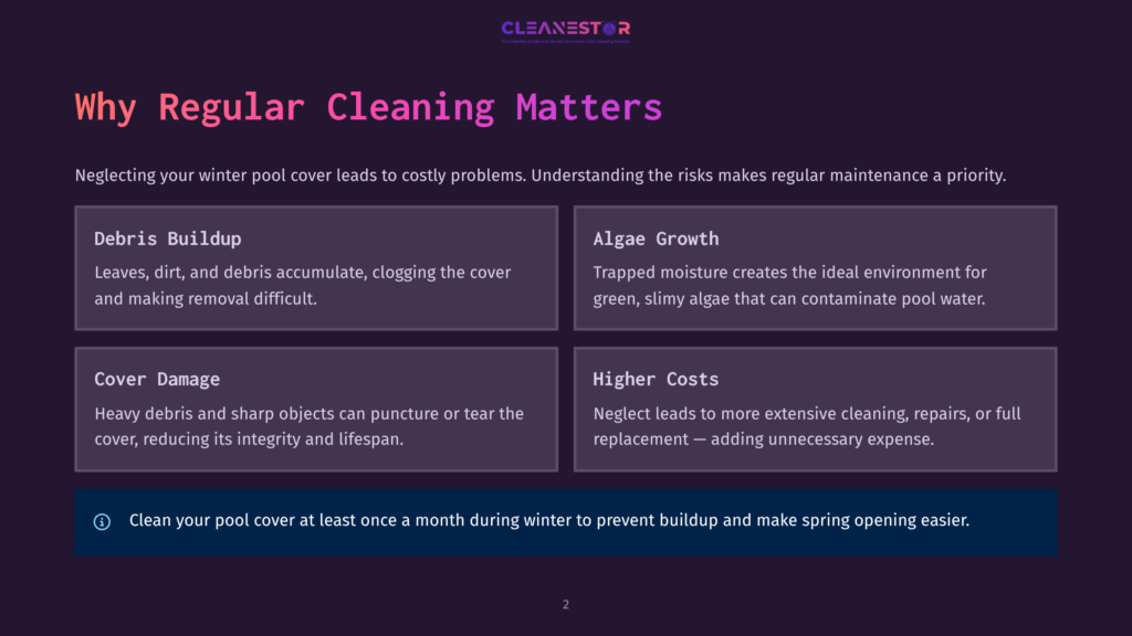 Infographic Titled &Quot;Why Regular Cleaning Matters&Quot; From Cleanestor, Detailing Risks Of Winter Pool Cover Neglect: Debris Buildup, Algae Growth, Cover Damage, And Higher Costs. Includes A Tip To Clean The Pool Cover Monthly.