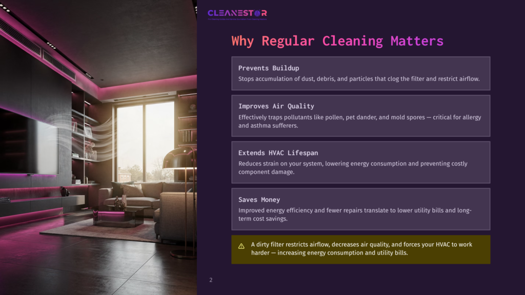 2 Why Regular Cleaning Matters 119 A Modern Living Room With Sleek Furniture, Ambient Lighting, And A Large Window Showing A Gentle Breeze, With Text Overlay &Quot;Cleanestor&Quot; And &Quot;Why Regular Cleaning Matters&Quot;.