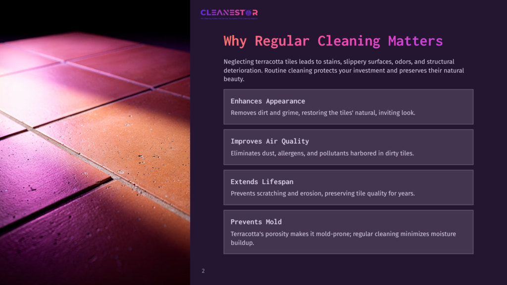 2 Why Regular Cleaning Matters 121 Close-Up Of Terracotta Tiles With A Textured, Earthy Orange Hue, Illuminated By Warm Pink And Purple Light, Highlighting Their Grout Lines.
