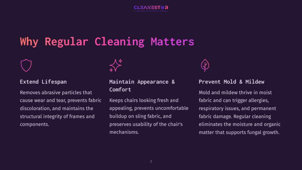 A Dark Purple Background With Three Icons And Text Explaining Why Regular Cleaning Matters For Furniture: &Quot;Extend Lifespan,&Quot; &Quot;Maintain Appearance &Amp; Comfort,&Quot; And &Quot;Prevent Mold &Amp; Mildew.