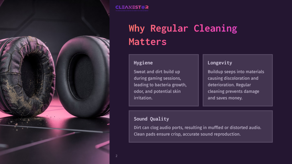 Close-Up Of Dirty, Well-Worn Gaming Headphones With Dust And Grime Accumulated On The Earcups, Contrasted With A Clean, Sleek Black Headphone Earcup. Text Overlay Reads &Quot;Cleanestor&Quot; And &Quot;Why Regular Cleaning Matters&Quot;.
