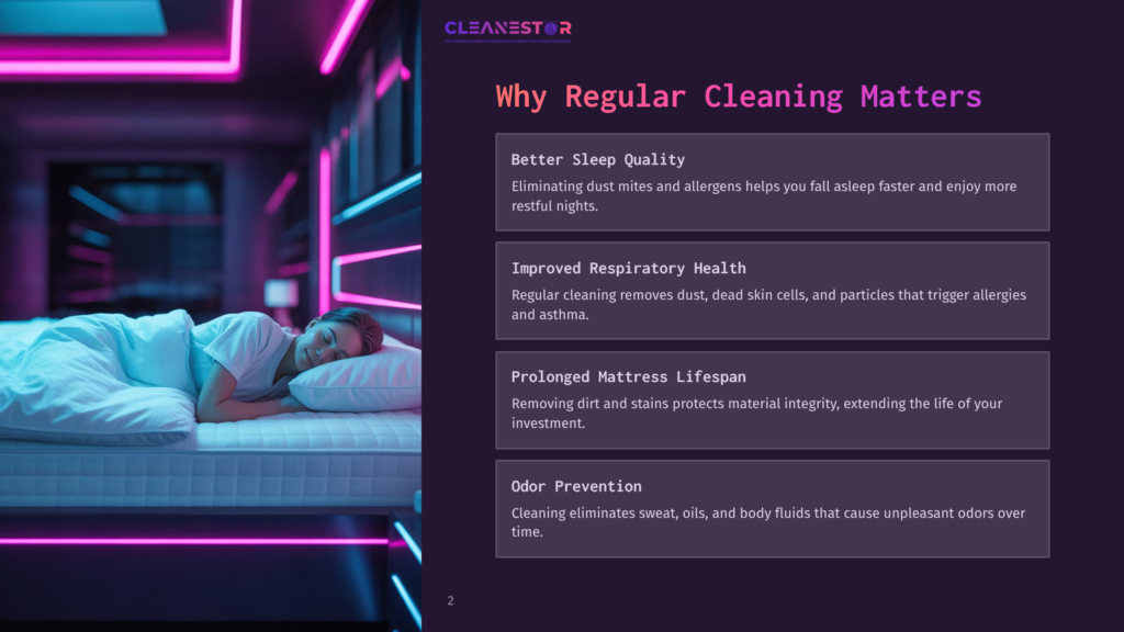 Cleanestor Logo And Text &Quot;Why Regular Cleaning Matters&Quot; Over A Background Image Of A Woman Sleeping Soundly On A Mattress In A Modern, Neon-Lit Bedroom.