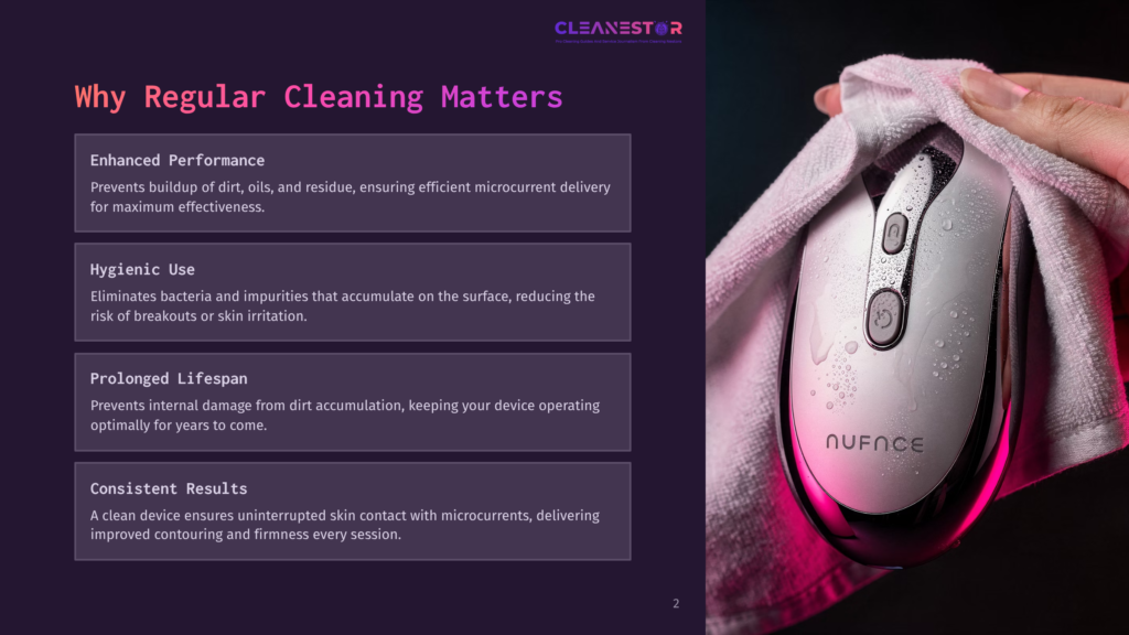 2 Why Regular Cleaning Matters 132 A Hand Gently Wipes A White Nuface Microcurrent Device With A Soft Towel, Showing Water Droplets On The Device. The Background Is Dark With Pink Lighting.