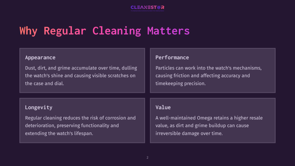 Infographic Detailing Why Regular Cleaning Matters For Watches, Covering Appearance, Performance, Longevity, And Value. Text Includes &Quot;Why Regular Cleaning Matters,&Quot; &Quot;Appearance,&Quot; &Quot;Performance,&Quot; &Quot;Longevity,&Quot; And &Quot;Value.