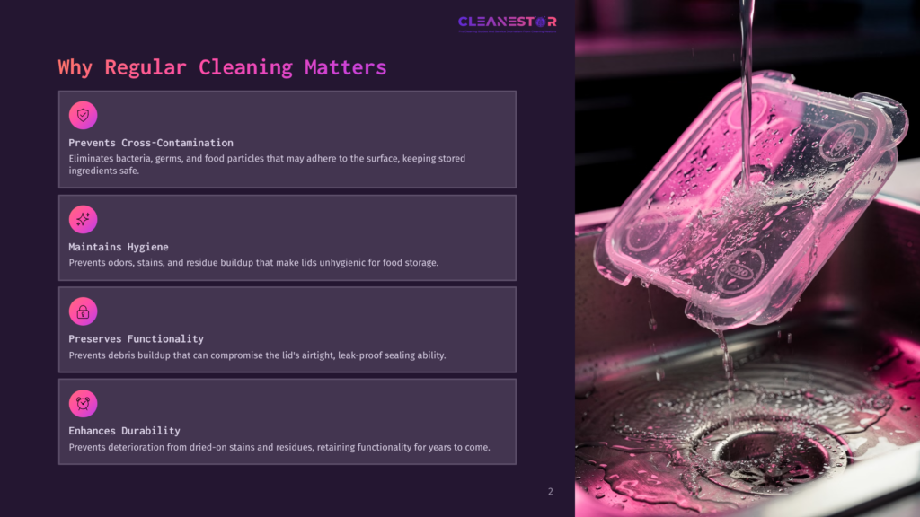 A Clear Plastic Food Storage Container Lid Is Rinsed Under Running Water In A Stainless Steel Sink, With The Text &Quot;Cleanestor&Quot; Visible At The Top Of The Image.