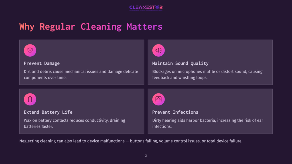 Infographic Detailing The Importance Of Regular Cleaning For Electronic Devices, Highlighting Benefits Like Preventing Damage, Maintaining Sound Quality, Extending Battery Life, And Preventing Infections.