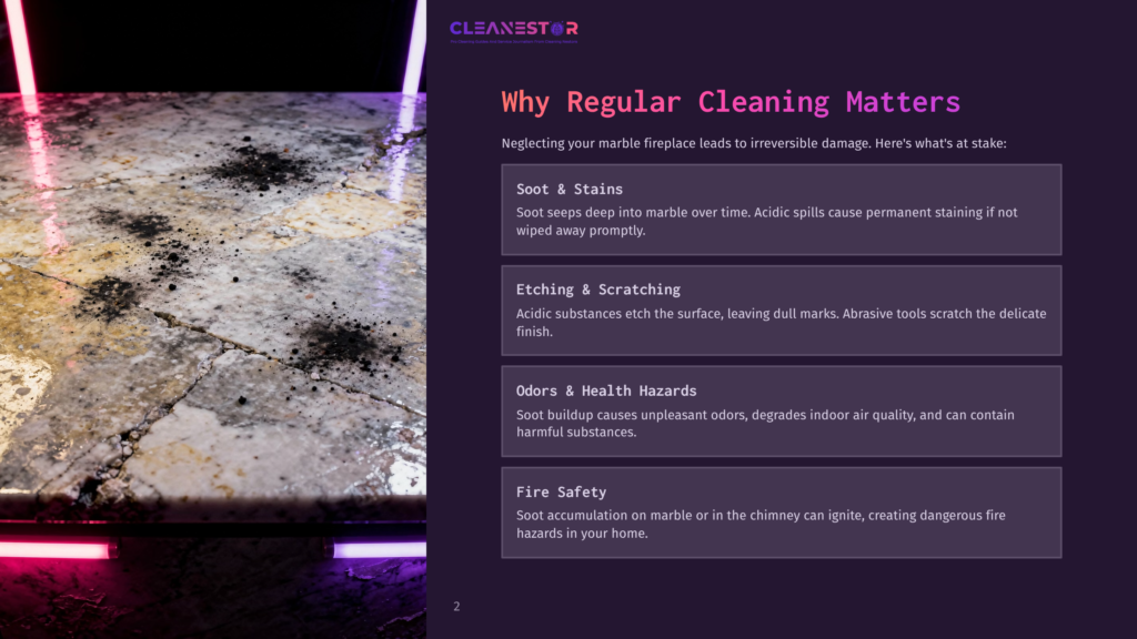 Close-Up Of A Marble Fireplace Hearth With Dark Soot Stains, Illuminated By Purple And Pink Neon Lights. The Text &Quot;Cleanestor&Quot; And &Quot;Why Regular Cleaning Matters&Quot; Are Visible.