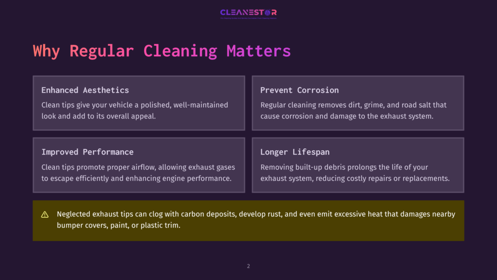 2 Why Regular Cleaning Matters 147 Infographic With Purple Background Titled &Quot;Why Regular Cleaning Matters,&Quot; Showcasing Four Key Benefits: Enhanced Aesthetics, Prevent Corrosion, Improved Performance, And Longer Lifespan. The Text Includes The Impact Of Regular Cleaning On Vehicle Appearance, Preventing Corrosion And Damage, Promoting Airflow And Engine Performance, And Extending The Life Of The Exhaust System.