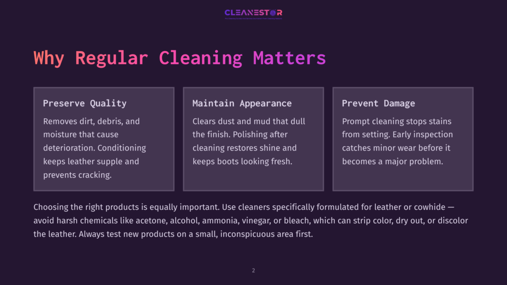 Cleanestor Logo On A Dark Purple Background With Three Columns Of Text: &Quot;Preserve Quality,&Quot; &Quot;Maintain Appearance,&Quot; And &Quot;Prevent Damage,&Quot; Detailing The Importance Of Regular Cleaning For Leather.