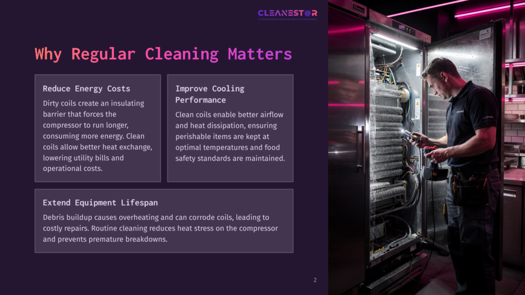 Technician Inspects A Large Industrial Refrigerator'S Cooling Coils, Which Are Covered In Dust And Debris, Highlighting The Need For Regular Cleaning To Improve Cooling Performance And Extend Equipment Lifespan.