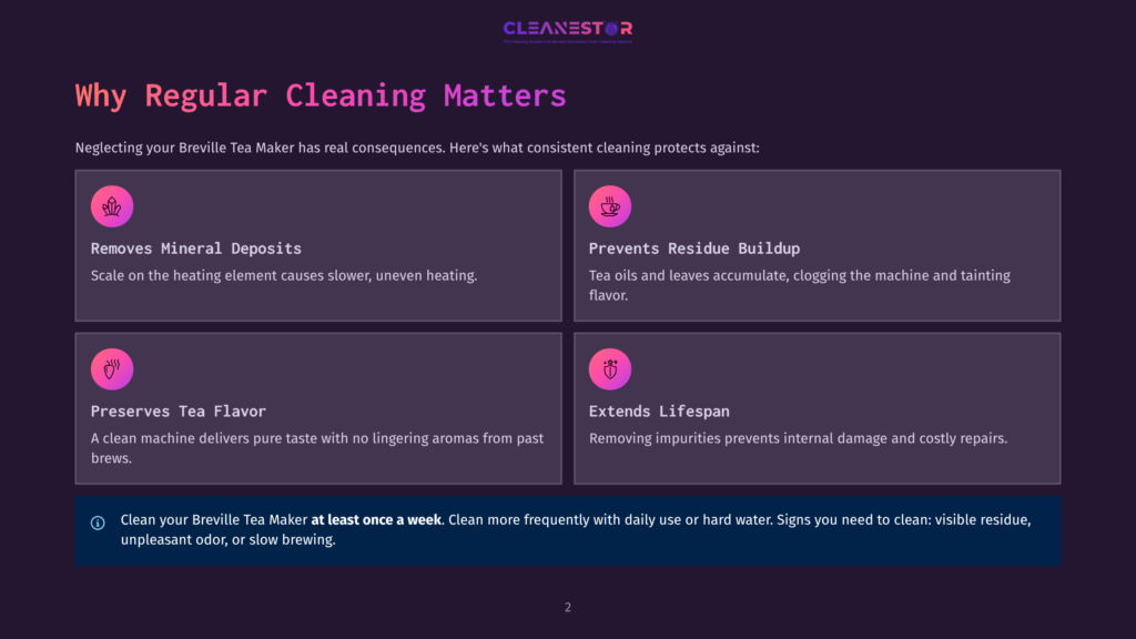Infographic Detailing The Benefits Of Regular Tea Maker Cleaning: Removing Mineral Deposits, Preventing Residue Buildup, Preserving Tea Flavor, And Extending Lifespan. Text Highlights Cleaning At Least Once A Week.