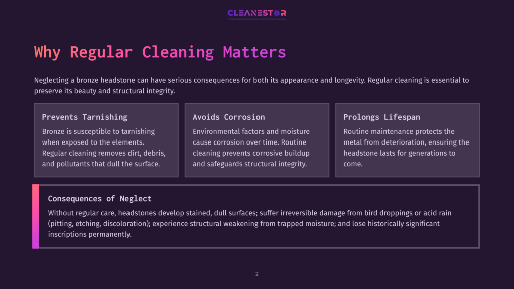 Infographic Titled &Quot;Why Regular Cleaning Matters&Quot; Explaining The Benefits Of Cleaning Bronze Headstones, Including Preventing Tarnish And Corrosion, And Prolonging Lifespan.