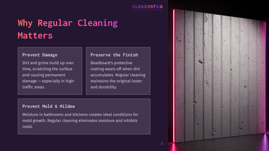 Cleanestor Logo On A Dark Background With Purple Lighting Accenting A Textured Concrete Wall. Text Reads: &Quot;Why Regular Cleaning Matters,&Quot; &Quot;Prevent Damage,&Quot; &Quot;Preserve The Finish,&Quot; And &Quot;Prevent Mold &Amp; Mildew.