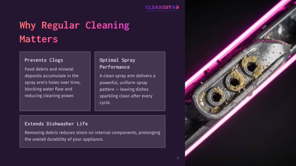 2 Why Regular Cleaning Matters 160 A Close-Up Of A Dirty Dishwasher Spray Arm Shows Accumulated Food Debris And Mineral Deposits, Highlighting The Importance Of Regular Cleaning To Prevent Clogs And Maintain Optimal Spray Performance.