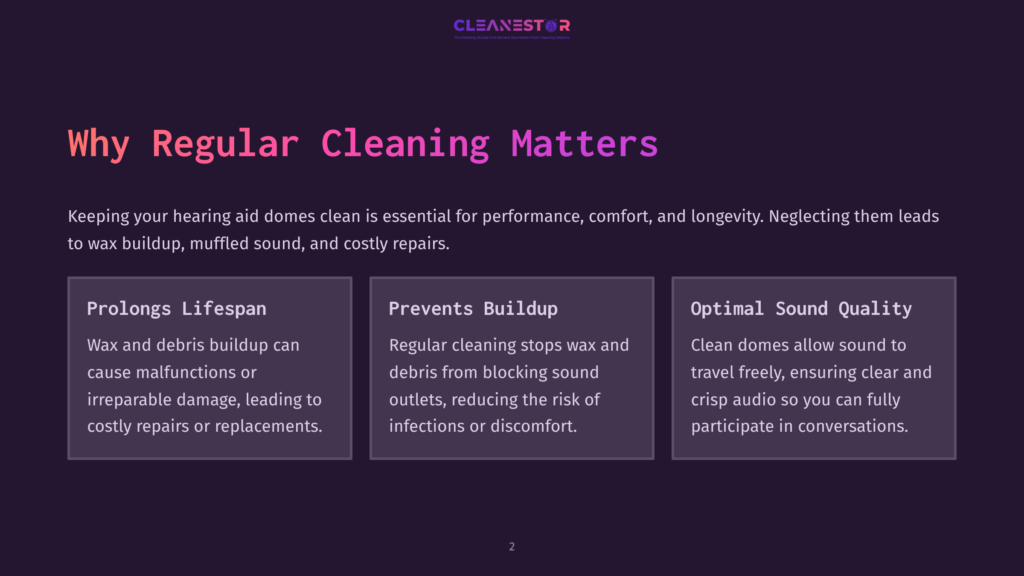 An Infographic With A Dark Background, Highlighting The Importance Of Regular Hearing Aid Domes Cleaning. It Features Sections Titled &Quot;Prolongs Lifespan,&Quot; &Quot;Prevents Buildup,&Quot; And &Quot;Optimal Sound Quality,&Quot; Each With Text Explaining The Benefits Of Regular Cleaning.