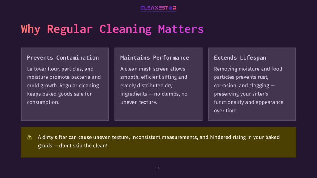 Cleanestor Logo With Text &Quot;Why Regular Cleaning Matters&Quot; Above Three Boxes Detailing Benefits: Preventing Contamination, Maintaining Performance, And Extending Lifespan Of Sifters.