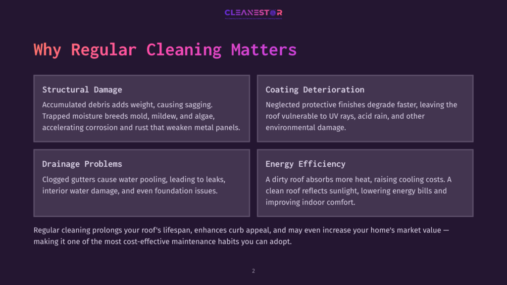 2 Why Regular Cleaning Matters 167 Infographic Detailing Why Regular Roof Cleaning Matters, Highlighting Structural Damage, Coating Deterioration, Drainage Problems, And Energy Efficiency Impacts.