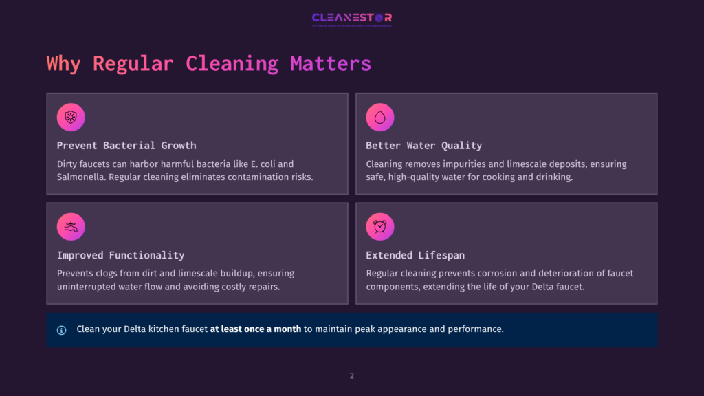 Infographic Highlighting The Importance Of Regular Cleaning For Kitchen Faucets. Key Points Include Preventing Bacterial Growth, Improved Functionality, Better Water Quality, And Extended Lifespan.