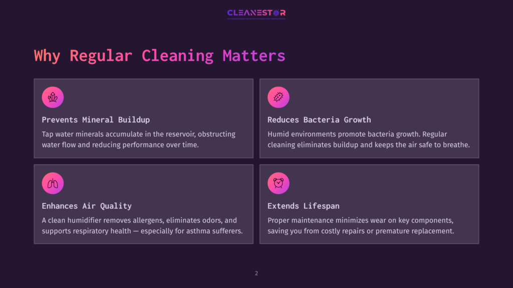 A Dark Purple Background Displays A Series Of Icons And Text Highlighting The Benefits Of Regular Cleaning. The First Icon Is A Water Droplet With Text &Quot;Prevents Mineral Buildup.&Quot; The Second Icon Is A Germ With Text &Quot;Reduces Bacteria Growth.&Quot; The Third Icon Is A Lung With Text &Quot;Enhances Air Quality.&Quot; The Fourth Icon Is A Clock With Text &Quot;Extends Lifespan.