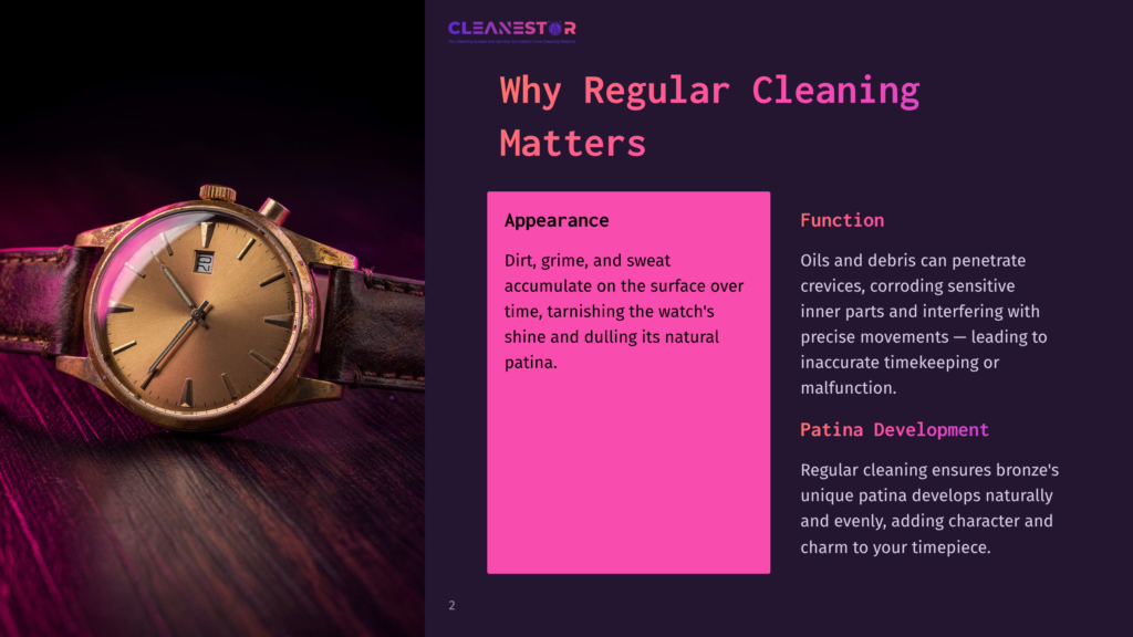 Close-Up Of A Vintage Bronze Watch With A Worn Leather Strap, Showing Tarnish And Patina, Resting On A Dark Wooden Surface. Text Overlay Reads &Quot;Cleanestor&Quot; And &Quot;Why Regular Cleaning Matters.