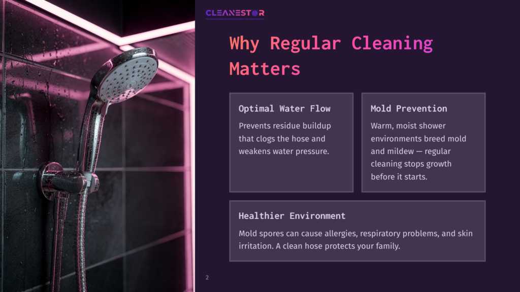 2 Why Regular Cleaning Matters 18 Close-Up Of A Modern Chrome Shower Head With Water Droplets, Set Against A Dark Tiled Wall With Vibrant Pink Neon Lighting. Text Overlay Includes &Quot;Cleanestor&Quot; And &Quot;Why Regular Cleaning Matters&Quot;.