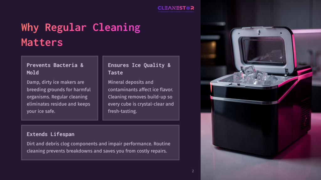 A Modern, Black And Pink Ice Maker With Its Lid Open, Filled With Clear Ice Cubes. The Text &Quot;Cleanestor&Quot; Is Visible At The Top, With A Tagline About Ice Making. The Background Shows A Kitchen Setting.