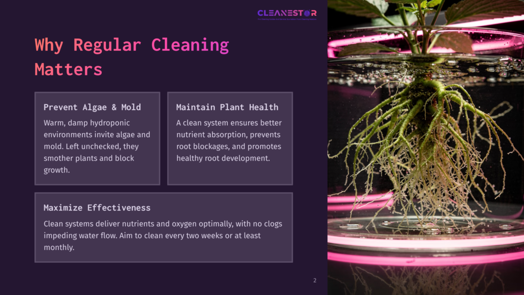 Close-Up Of Healthy Cannabis Plant Roots In A Hydroponic System, With Pink Grow Lights Illuminating The Vibrant White Roots And Surrounding Water. Text Overlay Discusses Why Regular Cleaning Matters For Hydroponic Systems.