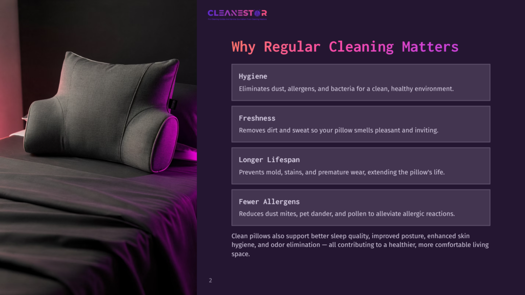 Cleanestor Logo And Text &Quot;Why Regular Cleaning Matters&Quot; On A Dark Background, With A Pillow And Bed In The Foreground.