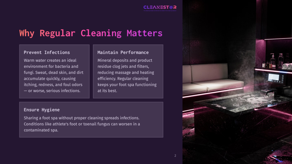 Luxurious Modern Spa With A Glowing Purple-Lit Jacuzzi Tub, Steam Rising, And Bottles Of Spa Products On The Side, Emphasizing Regular Cleaning For Hygiene And Performance.