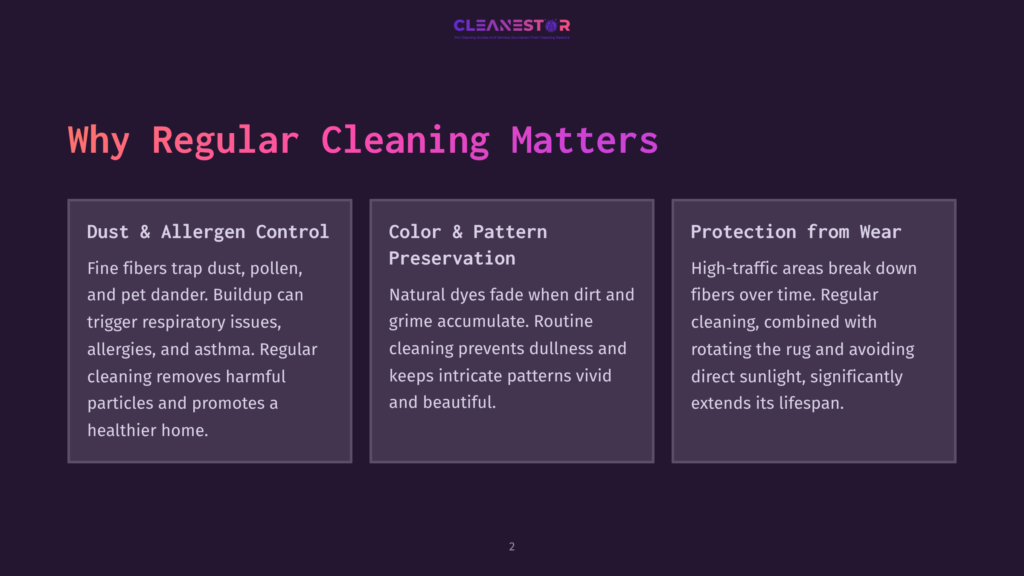 Cleanestor Logo And Three Text Boxes Detailing Why Regular Cleaning Matters: Dust &Amp; Allergen Control, Color &Amp; Pattern Preservation, And Protection From Wear.