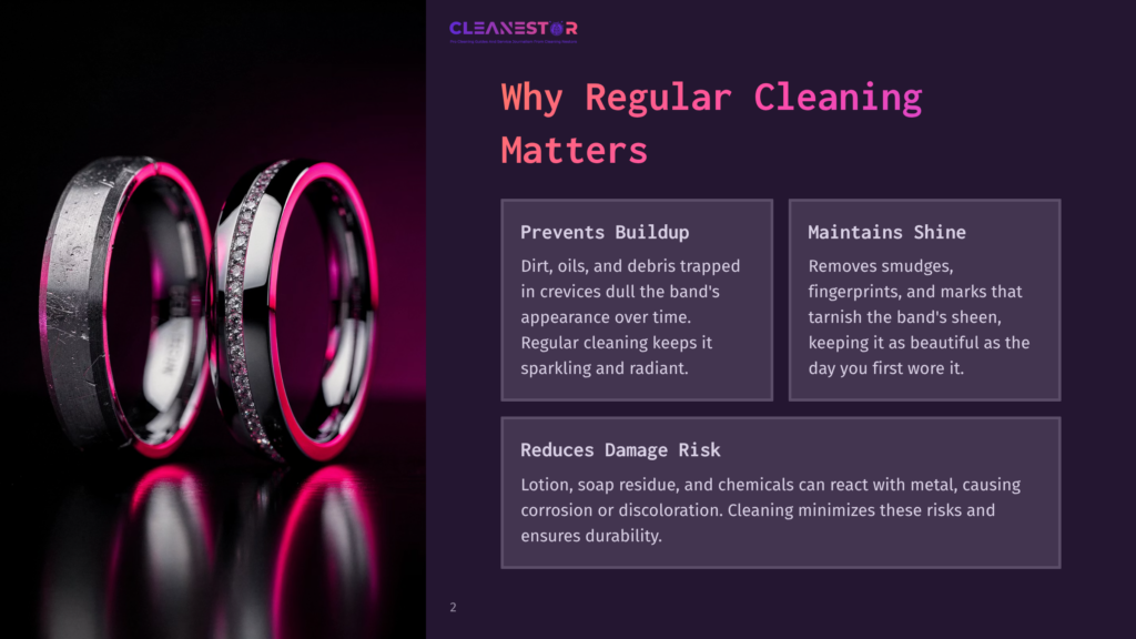 2 Why Regular Cleaning Matters 25 Close-Up Of Two Sparkling Diamond-Encrusted Wedding Rings On A Dark, Reflective Surface. The Text &Quot;Cleanestor&Quot; And &Quot;Why Regular Cleaning Matters&Quot; Is Visible.