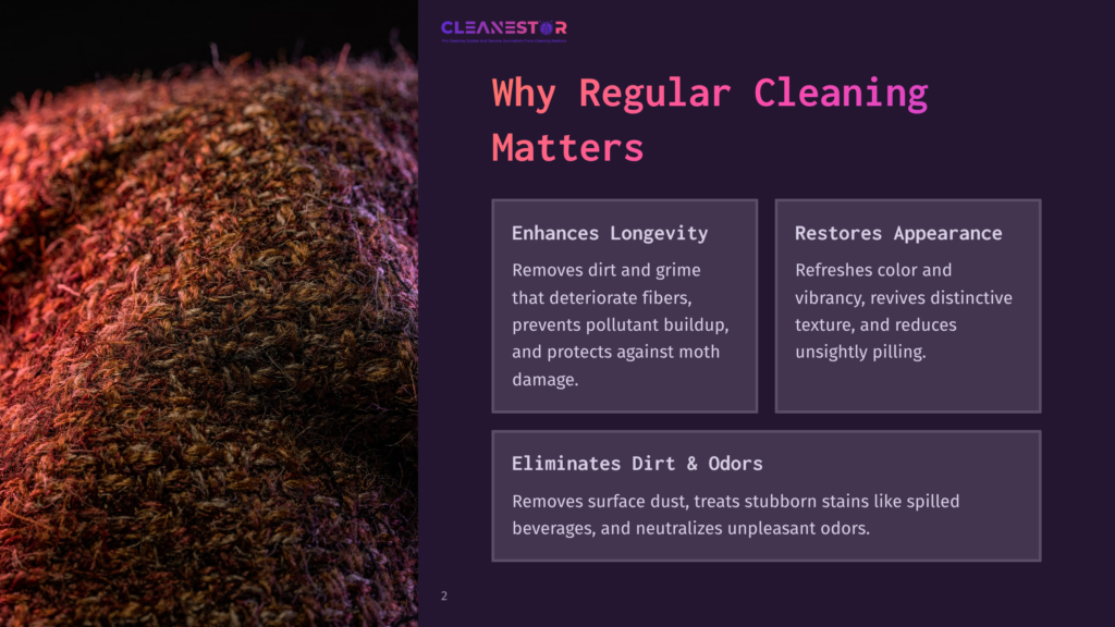 Close-Up Of A Textured Brown Wool Fabric With A Red-Orange Light Effect, Likely A Close-Up Of A Carpet Or Upholstery, With Text Overlay &Quot;Cleanestor Why Regular Cleaning Matters&Quot;.